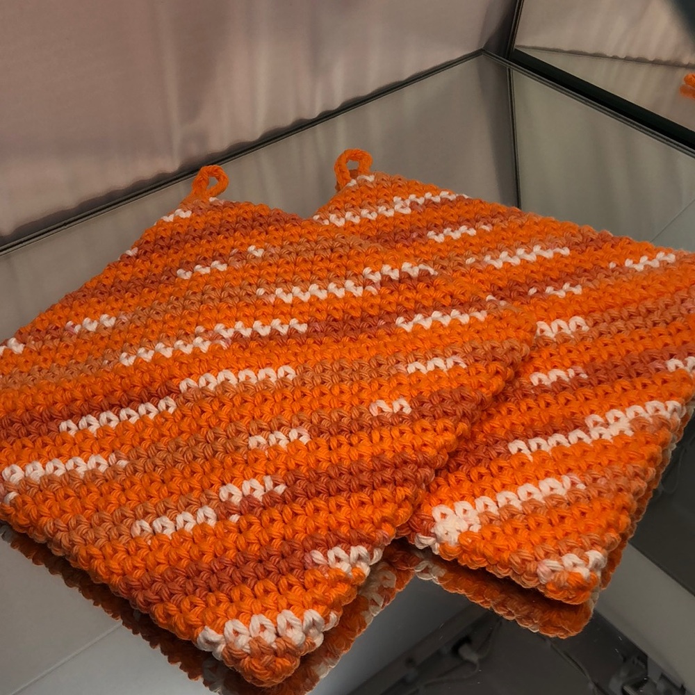 Orange cotton potholders hand crochet double thick set of 2 new hot off the hook